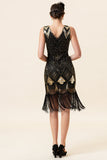 Lentejuelas Negro Flecos 1920s Gatsby Vestido Con Conjunto de Accesorios