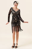 Negro Lentejuelas Flecos 1920s Gatsby Vestido Con Accesorios