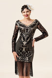 Negro Lentejuelas Flecos 1920s Gatsby Vestido Con Accesorios