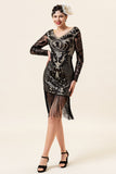 Negro Lentejuelas Flecos 1920s Gatsby Vestido Con Accesorios