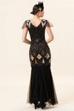 Negro Lentejuelas 1920s Gatsby Vestido Con Conjunto de Accesorios