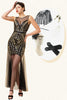 Cargar imagen en el visor de la galería, Negro y Dorado Lentejuelas 1920s Vestido Con Accesorios