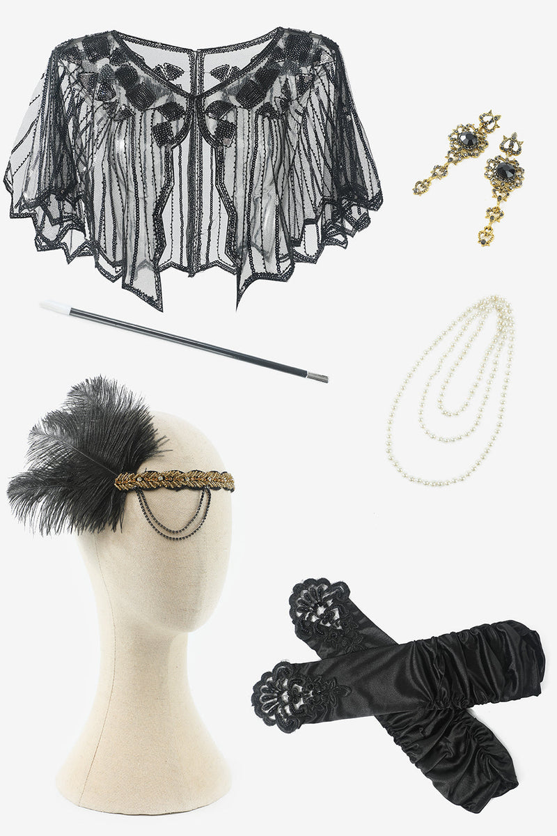 Cargar imagen en el visor de la galería, Negro y Dorado Lentejuelas 1920s Vestido Con Accesorios