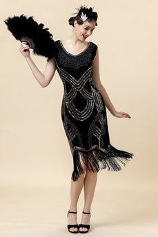 Lentejuelas Negro 1920s Gatsby Vestido Con Accesorios