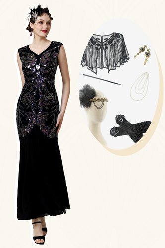 1920s Vestido Con Conjunto de Accesorios Lentejuelas Negro