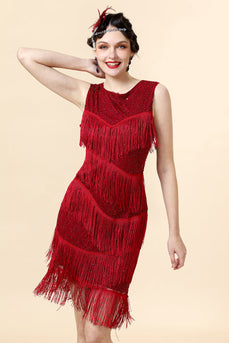 1920s Vestido Con Conjunto de Accesorios Flecos Cuentas Rojo