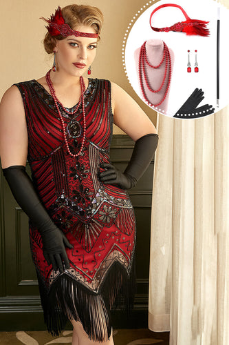 1920s Vestido Rojo Con Conjunto de Accesorios