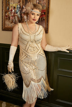 Albaricoque Talla Grande 1920s Vestido con 20s Acessories Set