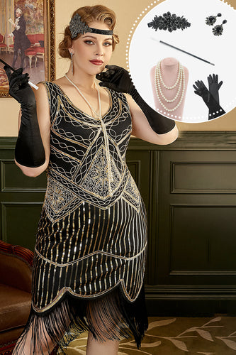1920s Vestido Con Conjunto de Accesorios Talla Grande Dorado Negro