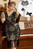 Lentejuelas Negro 1920s Vestido Talla Grande Con Conjunto de Accesorios 20s