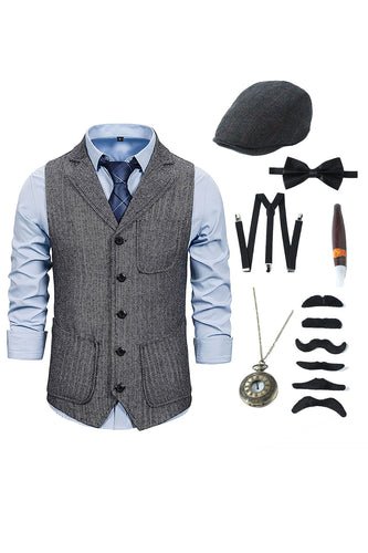 Chaleco de solapa gris con muescas para hombre con conjunto de accesorios