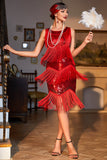 Vestido Gatsby de lentejuelas rojas brillantes con flecos de la década de 1920 con accesorios de los años 20