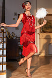 Vestido Gatsby de lentejuelas rojas brillantes con flecos de la década de 1920 con accesorios de los años 20