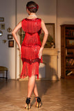 Vestido Gatsby de lentejuelas rojas brillantes con flecos de la década de 1920 con accesorios de los años 20