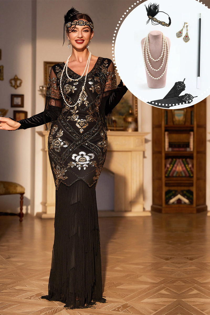 Cargar imagen en el visor de la galería, Lentejuelas negras con flecos largos de la década de 1920 Gatsby Dress con accesorios Set