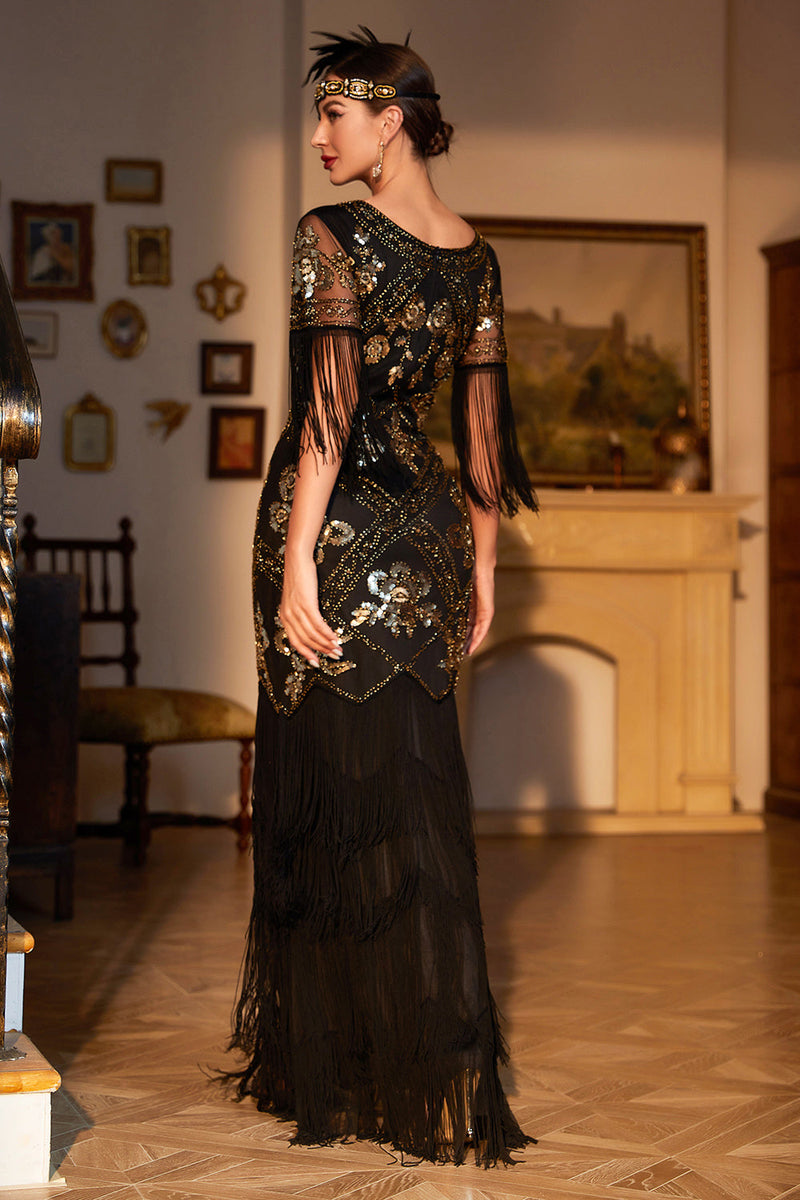 Cargar imagen en el visor de la galería, Lentejuelas negras con flecos largos de la década de 1920 Gatsby Dress con accesorios Set