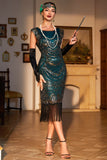 Vestido Gatsby de lentejuelas verde oscuro con flecos de la década de 1920 con conjunto de accesorios