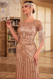 Vestido largo de lentejuelas largas con flecos de champán brillante de la década de 1920 con conjunto de accesorios