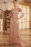 Vestido largo de lentejuelas largas con flecos de champán brillante de la década de 1920 con conjunto de accesorios