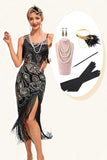Lentejuelas negras brillantes Flecos Vestido asimétrico de Gatsby de la década de 1920 con conjunto de accesorios