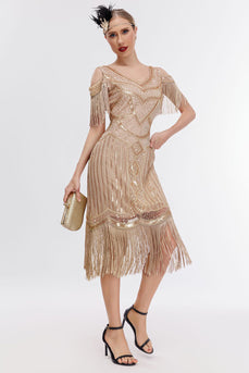 Vestido Gatsby de flecos de hombros fríos champán de la década de 1920 con conjunto de accesorios de los años 20