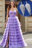 Vestido de fiesta largo escalonado de tul púrpura con una línea con conjunto de accesorios