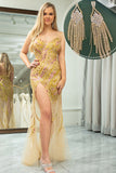 Impresionante vestido de fiesta de sirena con tirantes de espagueti dorado con conjunto de accesorios