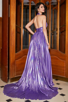 Vestido de fiesta púrpura plisado halter brillante con accesorio