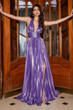 Vestido de fiesta púrpura plisado halter brillante con accesorio