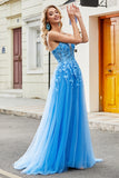 Vestido de fiesta largo de tul con apliques de línea A azul con accesorio
