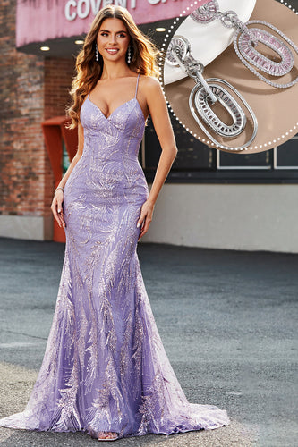 Vestido de fiesta largo de sirena brillante lila con abalorios con accesorio