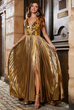Impresionante vestido de fiesta largo dorado con cuello en V de una línea con accesorio