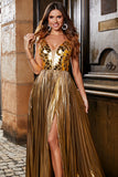 Impresionante vestido de fiesta largo dorado con cuello en V de una línea con accesorio