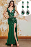 Vestido de fiesta de sirena verde oscuro brillante con accesorio