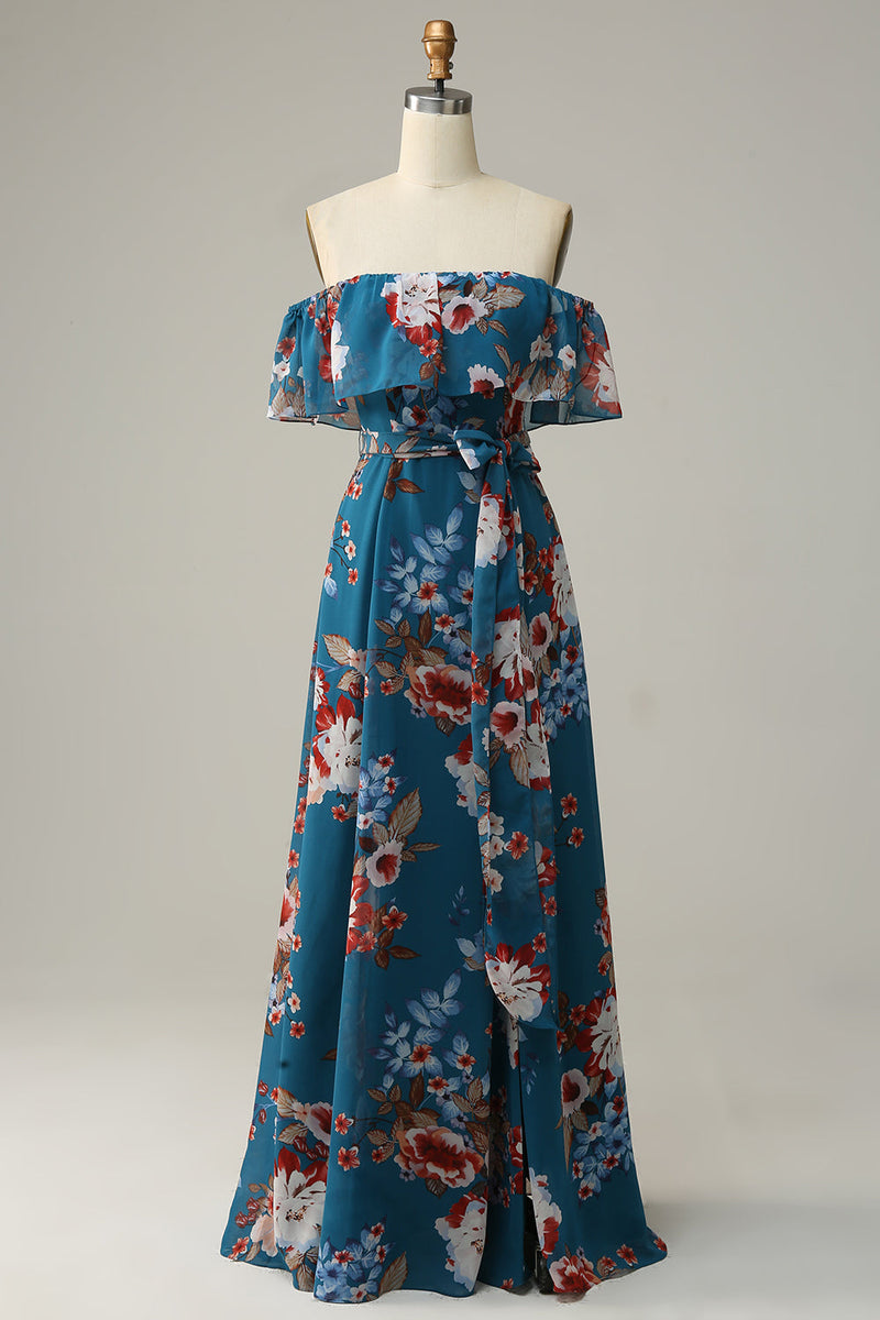 Cargar imagen en el visor de la galería, Vestido de dama de honor largo de gasa floral azul oscuro