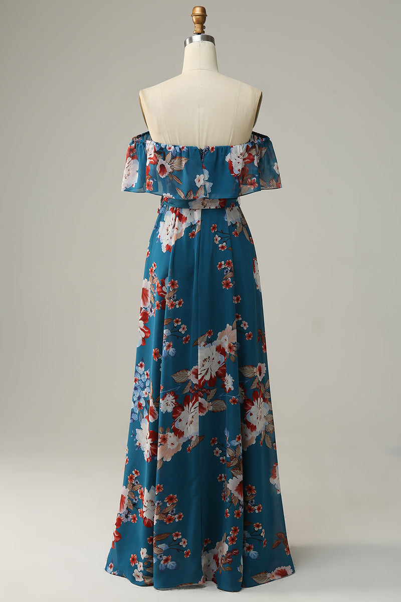 Cargar imagen en el visor de la galería, Vestido de dama de honor largo de gasa floral azul oscuro