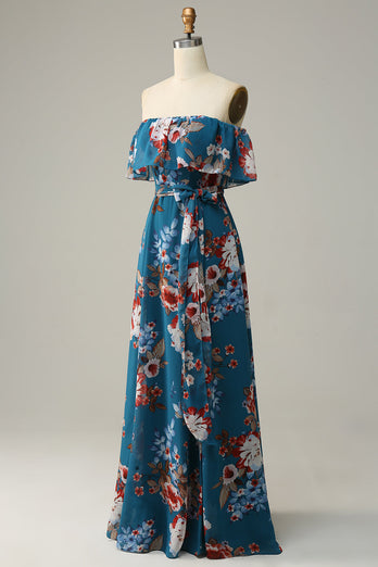 Vestido de dama de honor largo de gasa floral azul oscuro