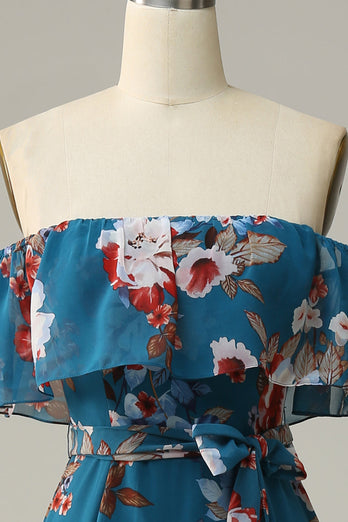 Vestido de dama de honor largo de gasa floral azul oscuro