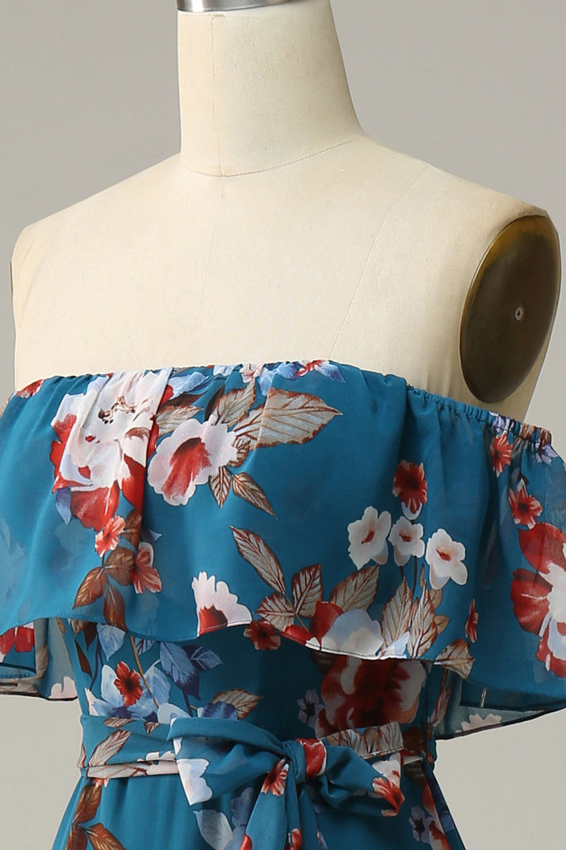 Cargar imagen en el visor de la galería, Vestido de dama de honor largo de gasa floral azul oscuro