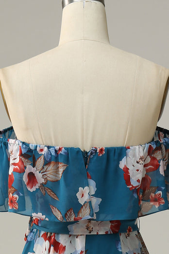 Vestido de dama de honor largo de gasa floral azul oscuro