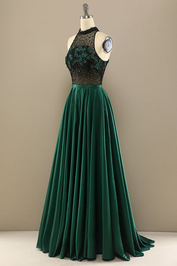 Vestido verde oscuro moldeado largo de fiesta con las flores