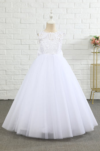 Vestido blanco de niña de flores sin mangas con lazo