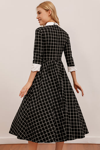 Vestido midi negro a cuadros vintage