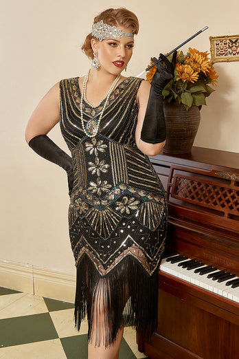 Negro Vestido 1920s Talla Grande Lentejuelas Vestido de Flapper