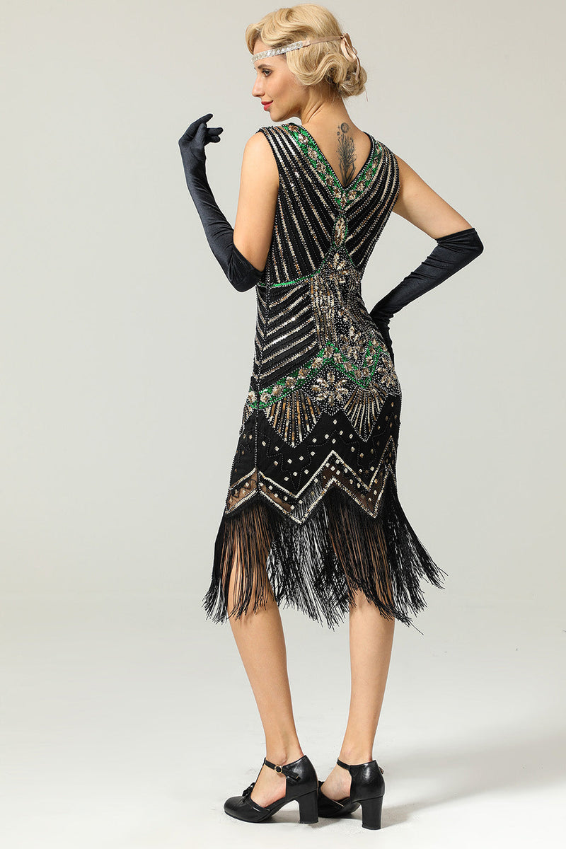Cargar imagen en el visor de la galería, Rojo y Negro 1920s Vestido con Flecos