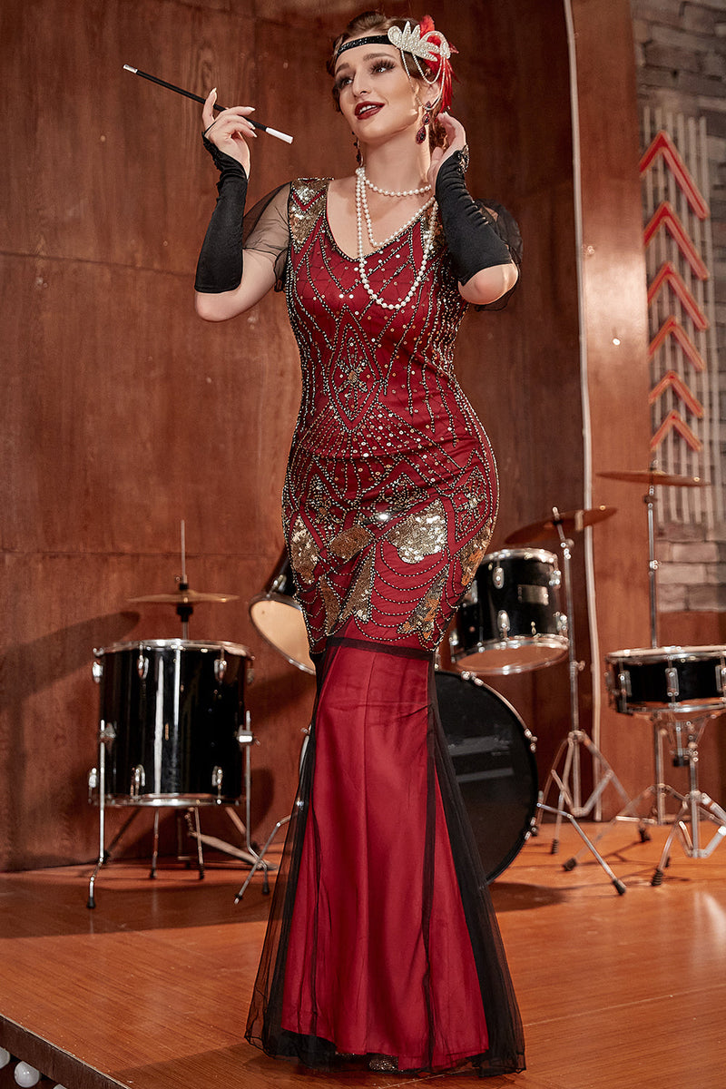 Cargar imagen en el visor de la galería, Borgoña Larga 1920s Lentejuelas Flapper Vestido