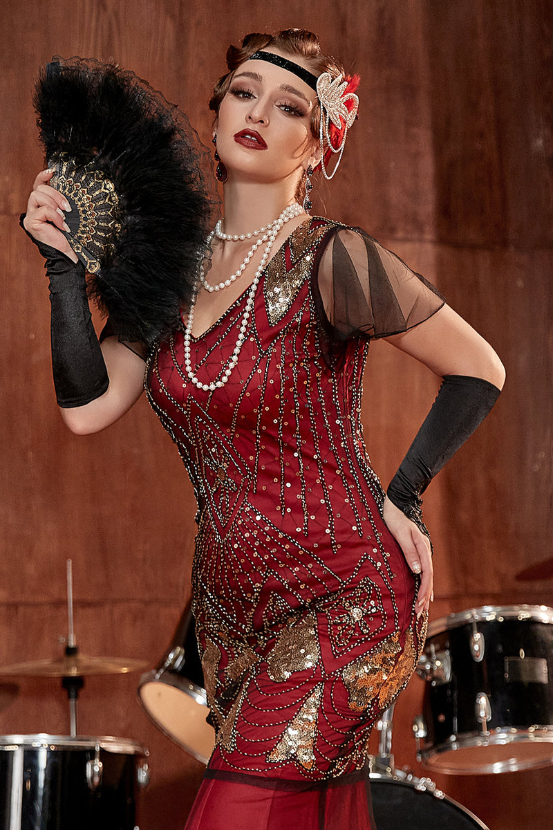 Cargar imagen en el visor de la galería, Borgoña Larga 1920s Lentejuelas Flapper Vestido