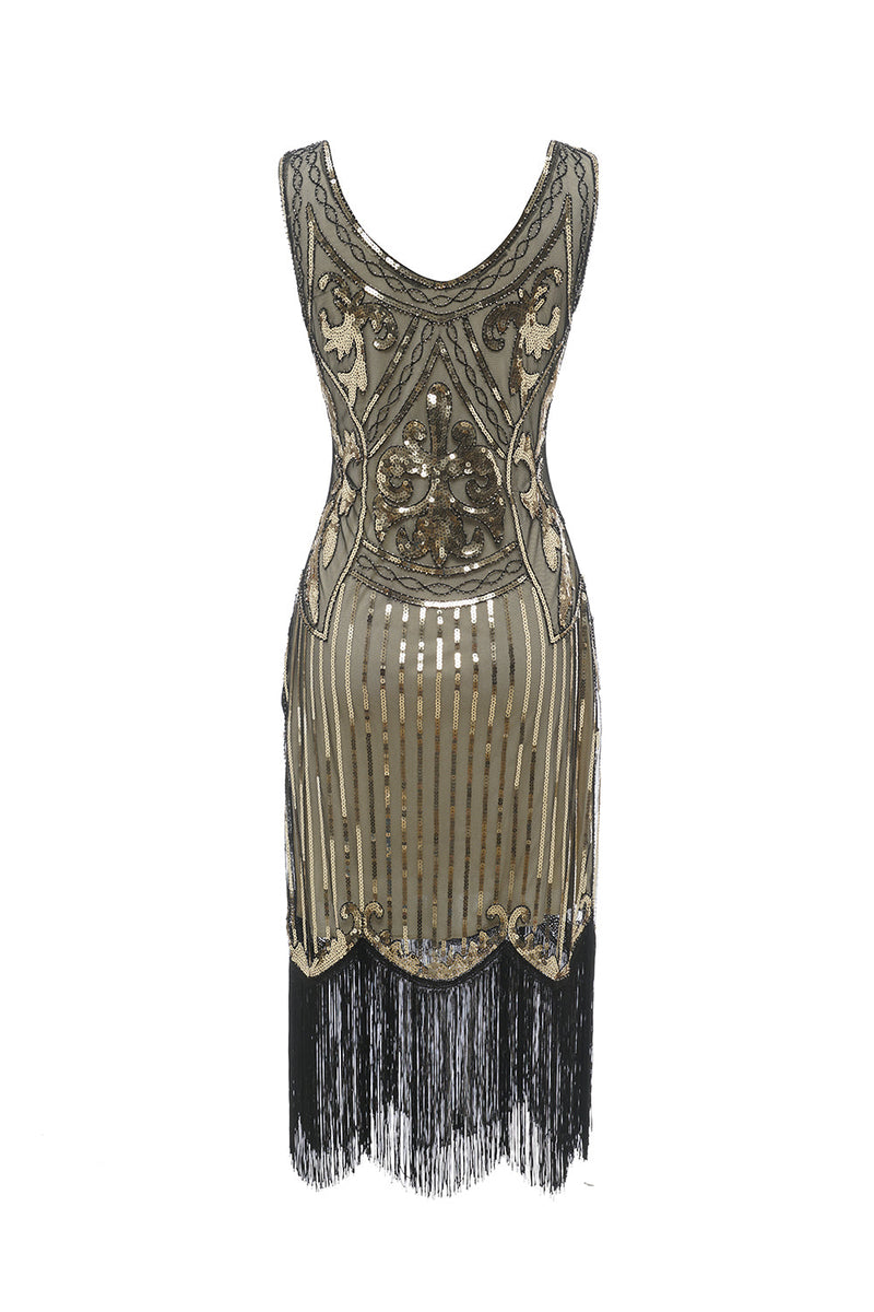 Cargar imagen en el visor de la galería, Cuello en V Borlas Vestido dorado de lentejuelas de los años 20