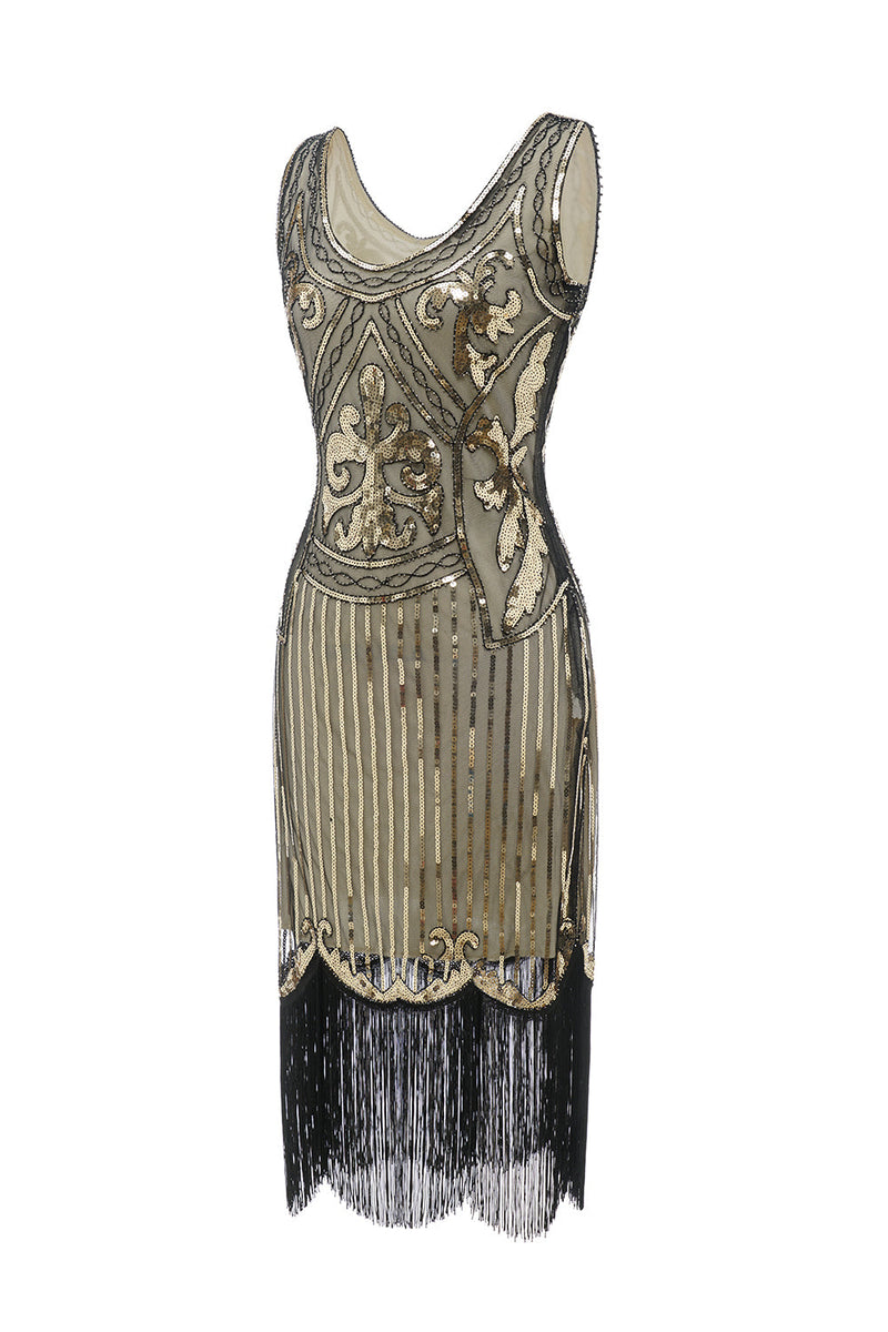 Cargar imagen en el visor de la galería, Cuello en V Borlas Vestido dorado de lentejuelas de los años 20
