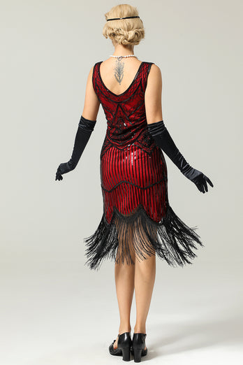 Rojo y Negro profundo cuello en V vestido de la aleta del 1920